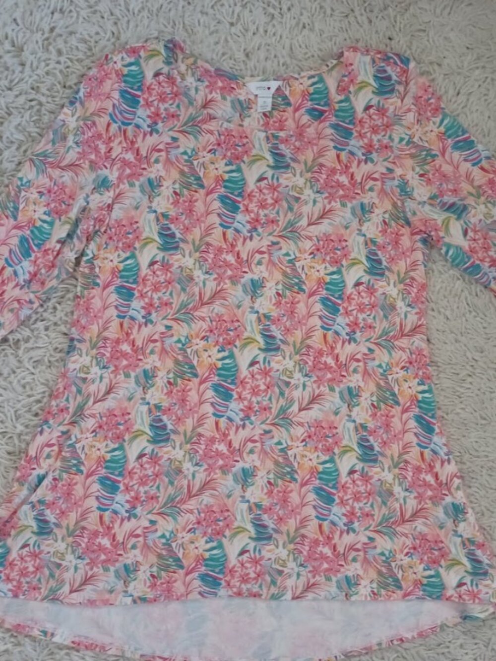Intro Women’s Floral Tunic Top Small Pink Tropical 3/4 Sleeve Stretch Blouse